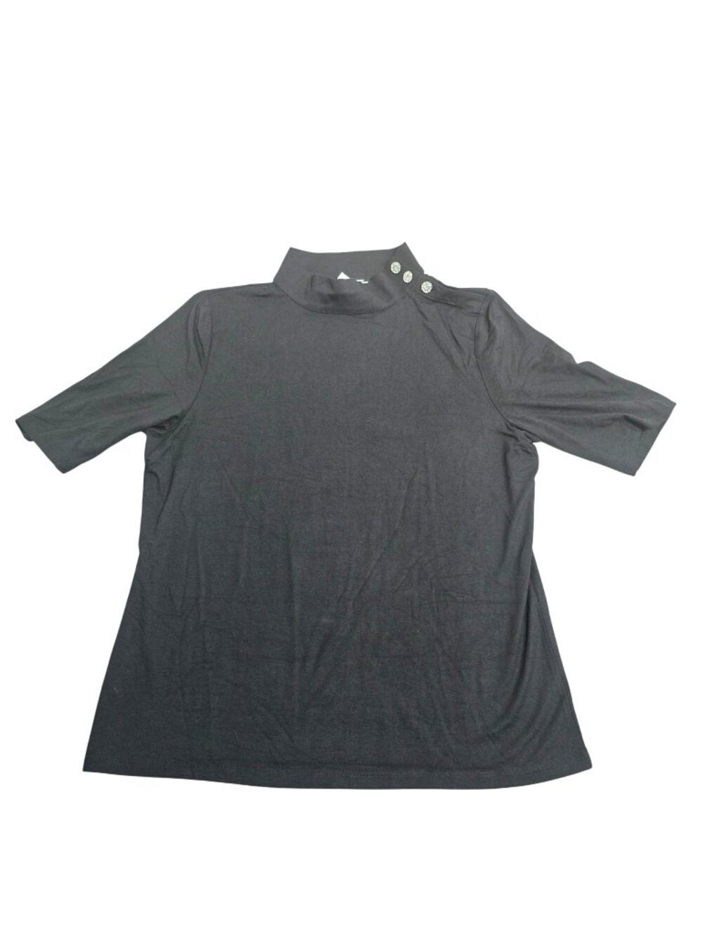 Talbots Black Mock Neck Short Sleeve Top With Rhinestone Button Accents Womens L